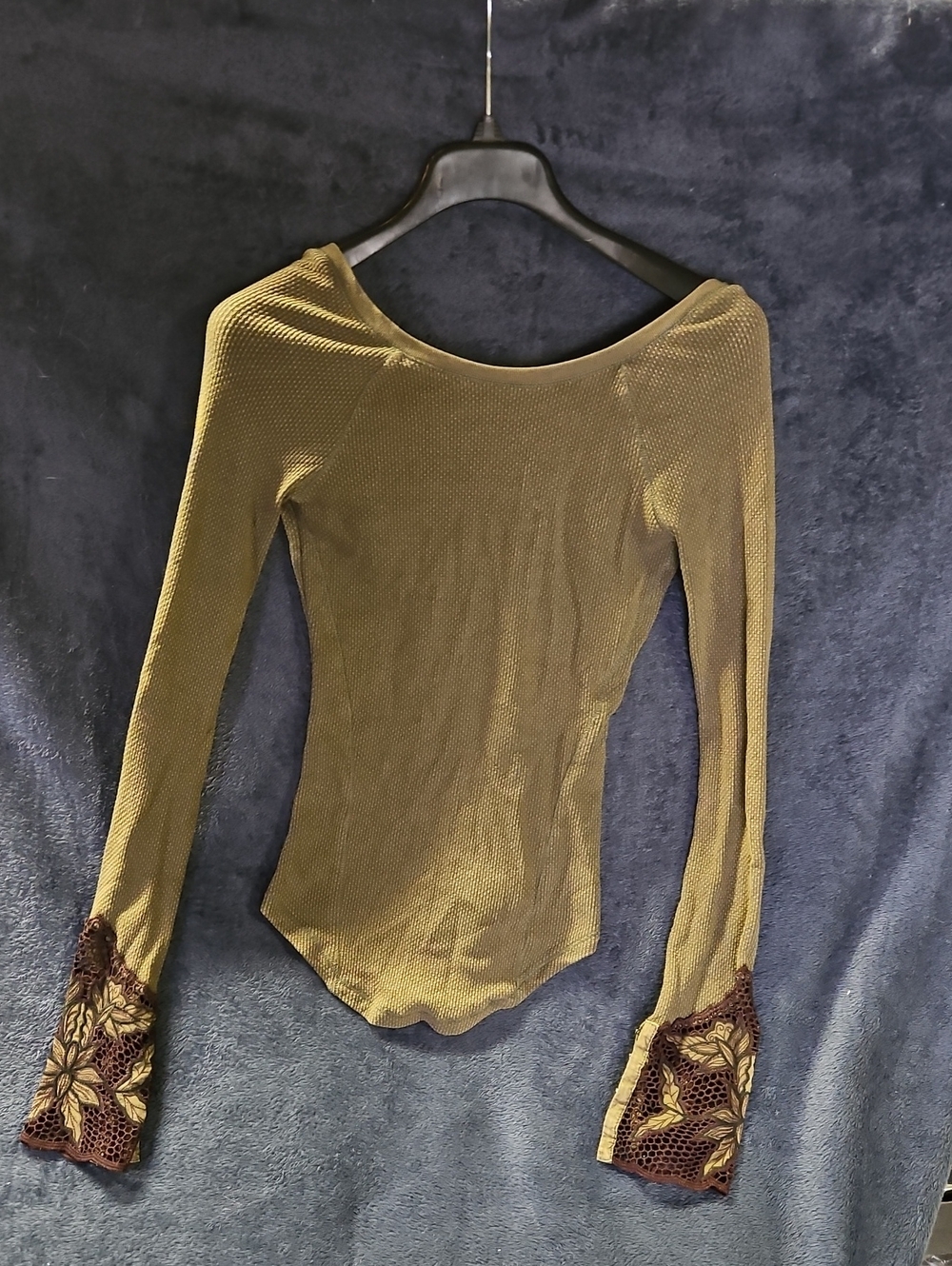 Free People Olive Green Long Sleeve Scoop Neck Top with Embroidered Cuffs